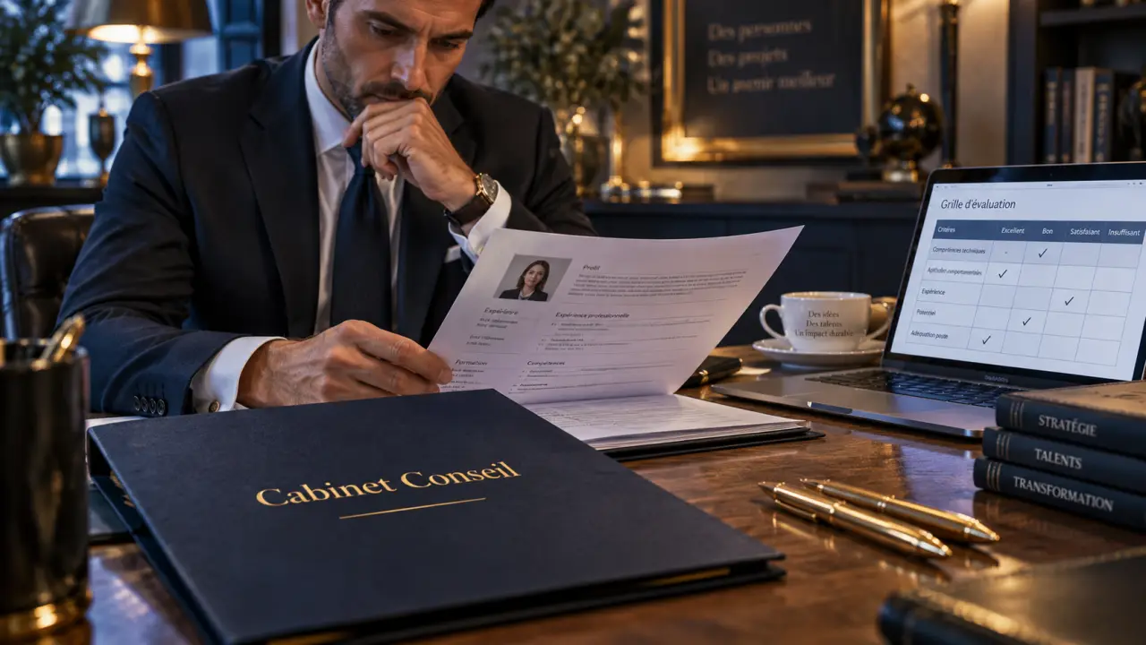 Cabinet de conseil recrutement : consultant lit un dossier de recrutement sur bureau avec grille d’évaluation