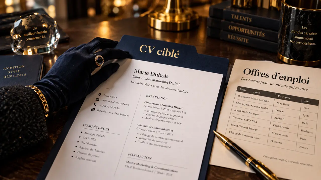 Conseil pour un CV : CV ciblé lisible en 10 secondes, main gantée et document.