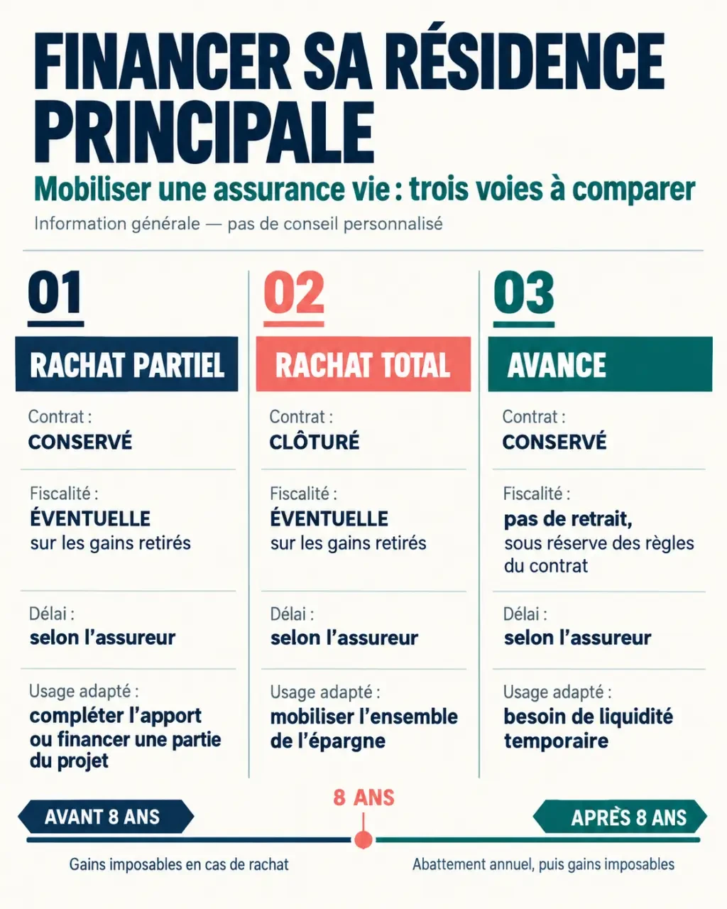 Infographie sur l’assurance vie pour l’achat d’une résidence principale : rachat partiel, rachat total et avance