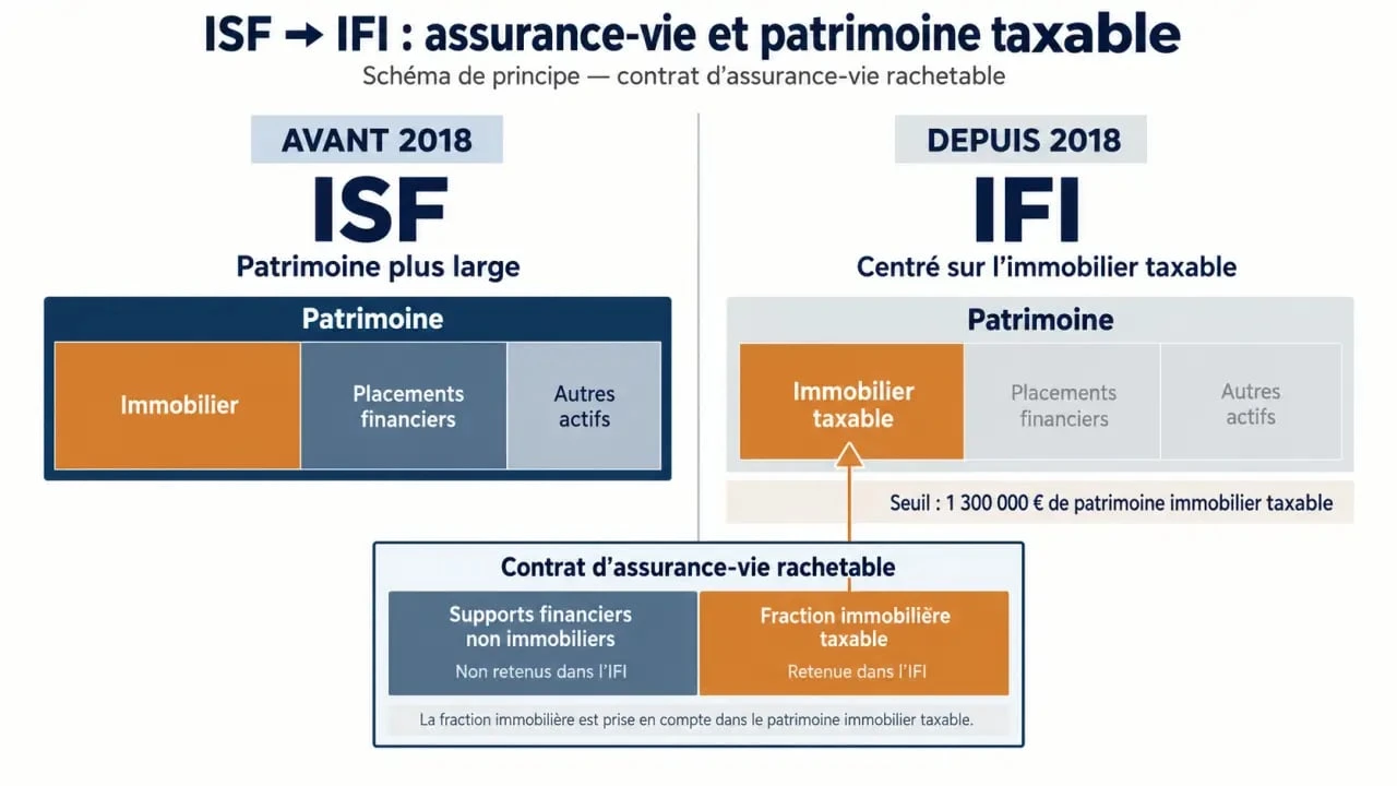 Infographie ISF et assurance vie : passage à l’IFI et fraction immobilière taxable d’un contrat